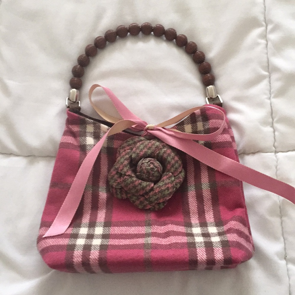 Small pink plaid flannel bag with flower bow beads